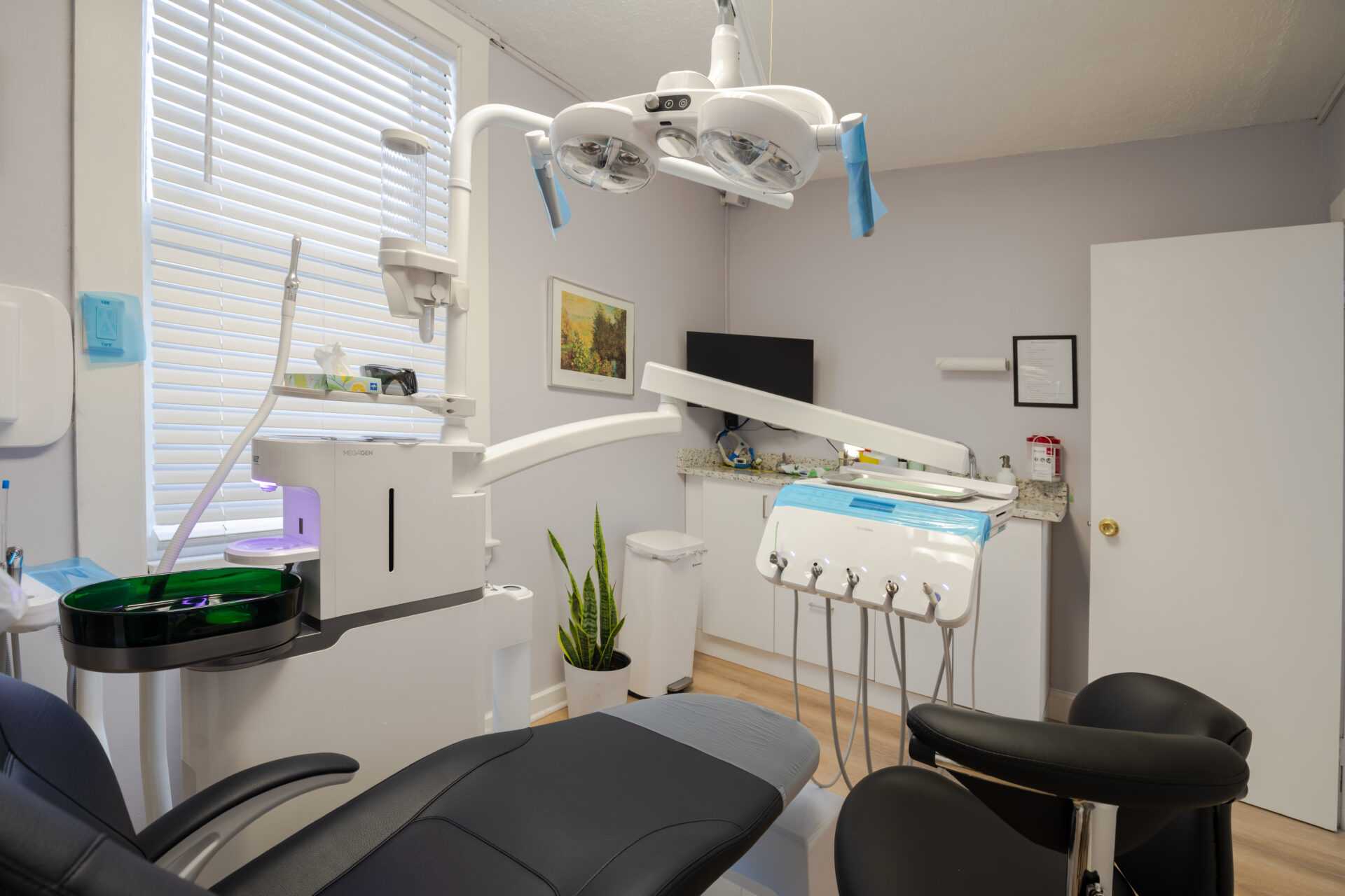 Main treatment room viewed toward the windows